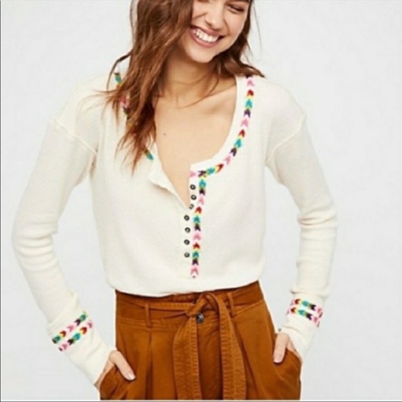 Free People Tops - Free People Rainbow Henley Thermal in Cream